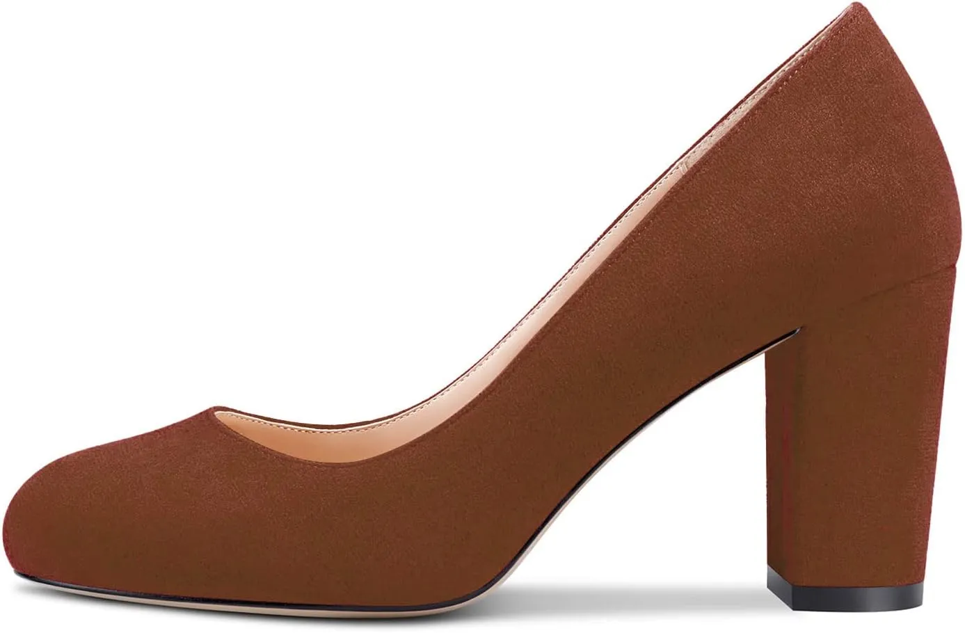HEUIVZAR Women Pumps Round Toe Block Chunky Mid Heel Slip-on Dress Shoes Suede 3 Inch