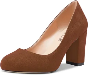 HEUIVZAR Women Pumps Round Toe Block Chunky Mid Heel Slip-on Dress Shoes Suede 3 Inch