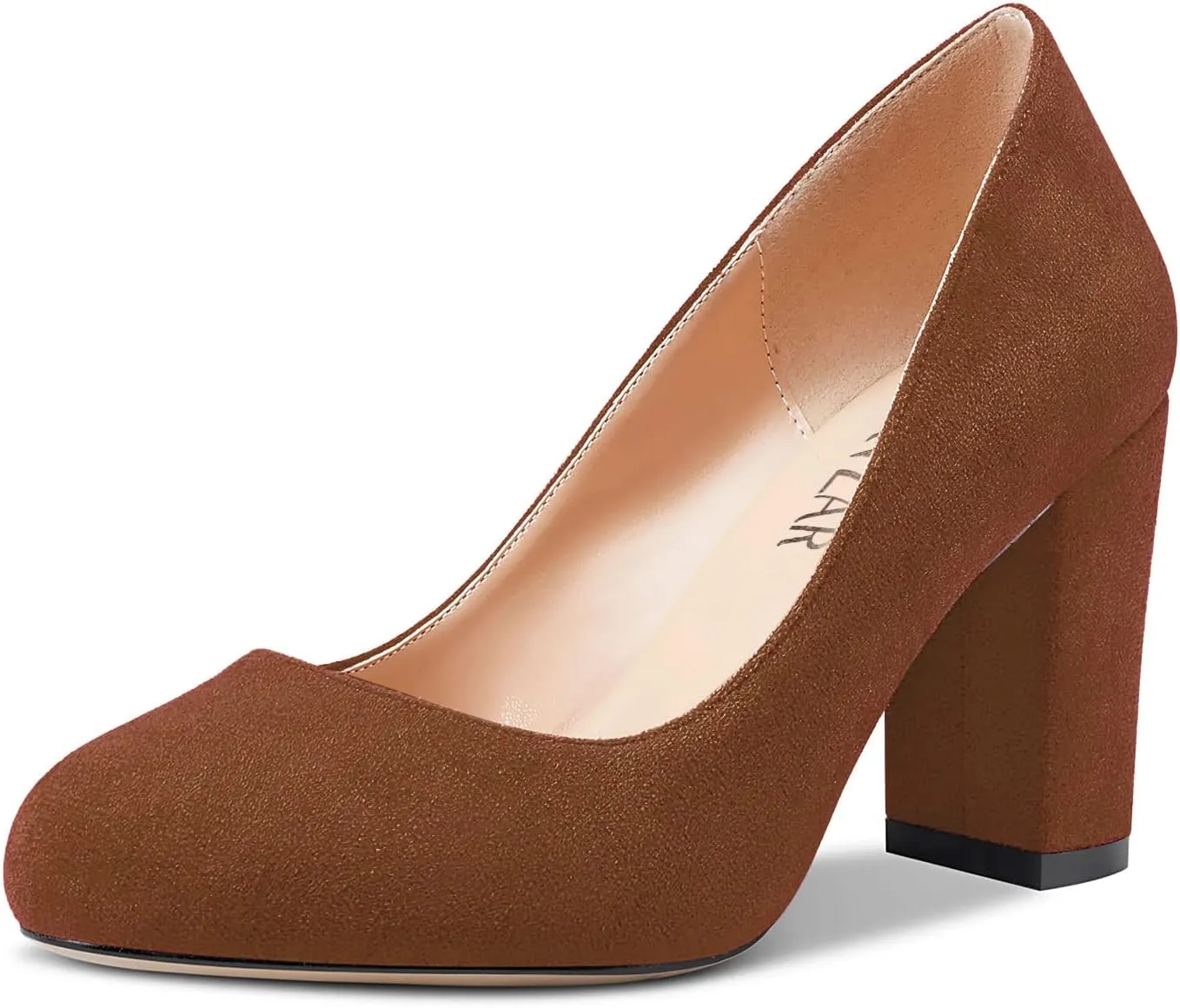 HEUIVZAR Women Pumps Round Toe Block Chunky Mid Heel Slip-on Dress Shoes Suede 3 Inch