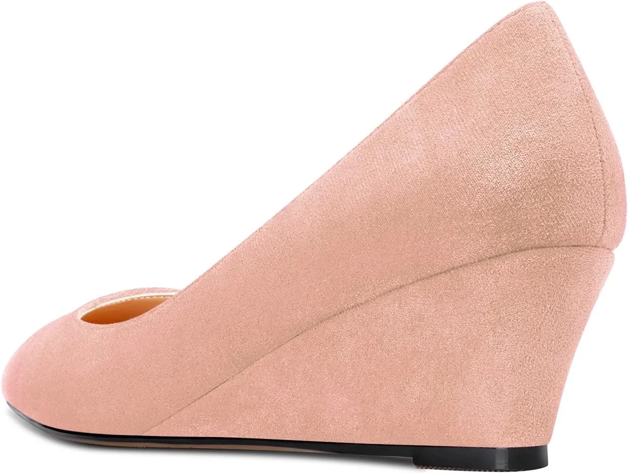 HEUIVZAR Women Wedge Pumps Pointed Toe Block Chunky Mid Low Heel Slip-on Dress Shoes Classic Suede 2 Inch