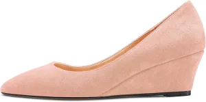HEUIVZAR Women Wedge Pumps Pointed Toe Block Chunky Mid Low Heel Slip-on Dress Shoes Classic Suede 2 Inch