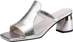 High Heeled Mules for Women Square Toe Chunky Block Heels Sandals Dress Shoes Ladies Slip on Slides Sandal