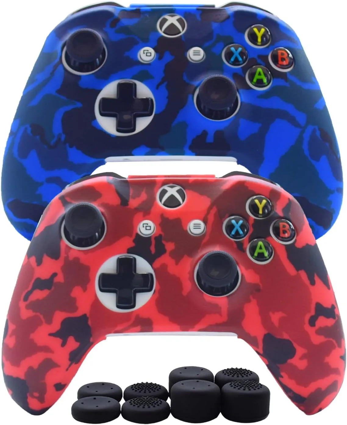 Hikfly Silicone Gel Controller Skin Protector Kit for Xbox One - Camouflage Cover with 8 Thumb Grip Caps (Blue, Red)
