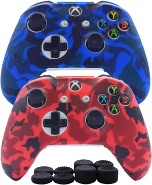 Hikfly Silicone Gel Controller Skin Protector Kit for Xbox One - Camouflage Cover with 8 Thumb Grip Caps (Blue, Red)