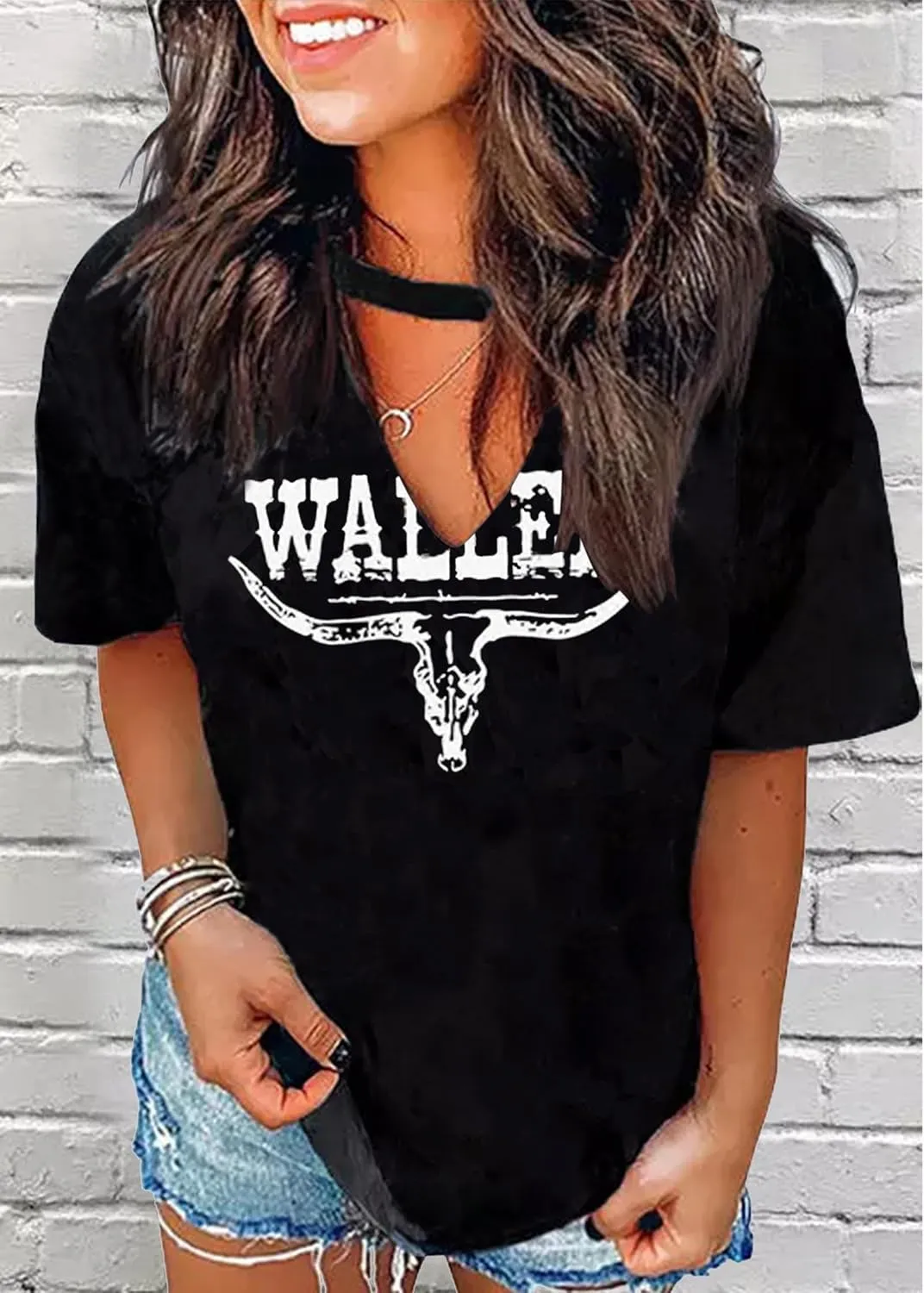 Hollow Out T Shirts for Women Western Graphic Shirts Country Cowgirls Shirts Casual Short Sleeve V Neck Tops