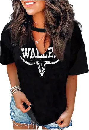 Hollow Out T Shirts for Women Western Graphic Shirts Country Cowgirls Shirts Casual Short Sleeve V Neck Tops