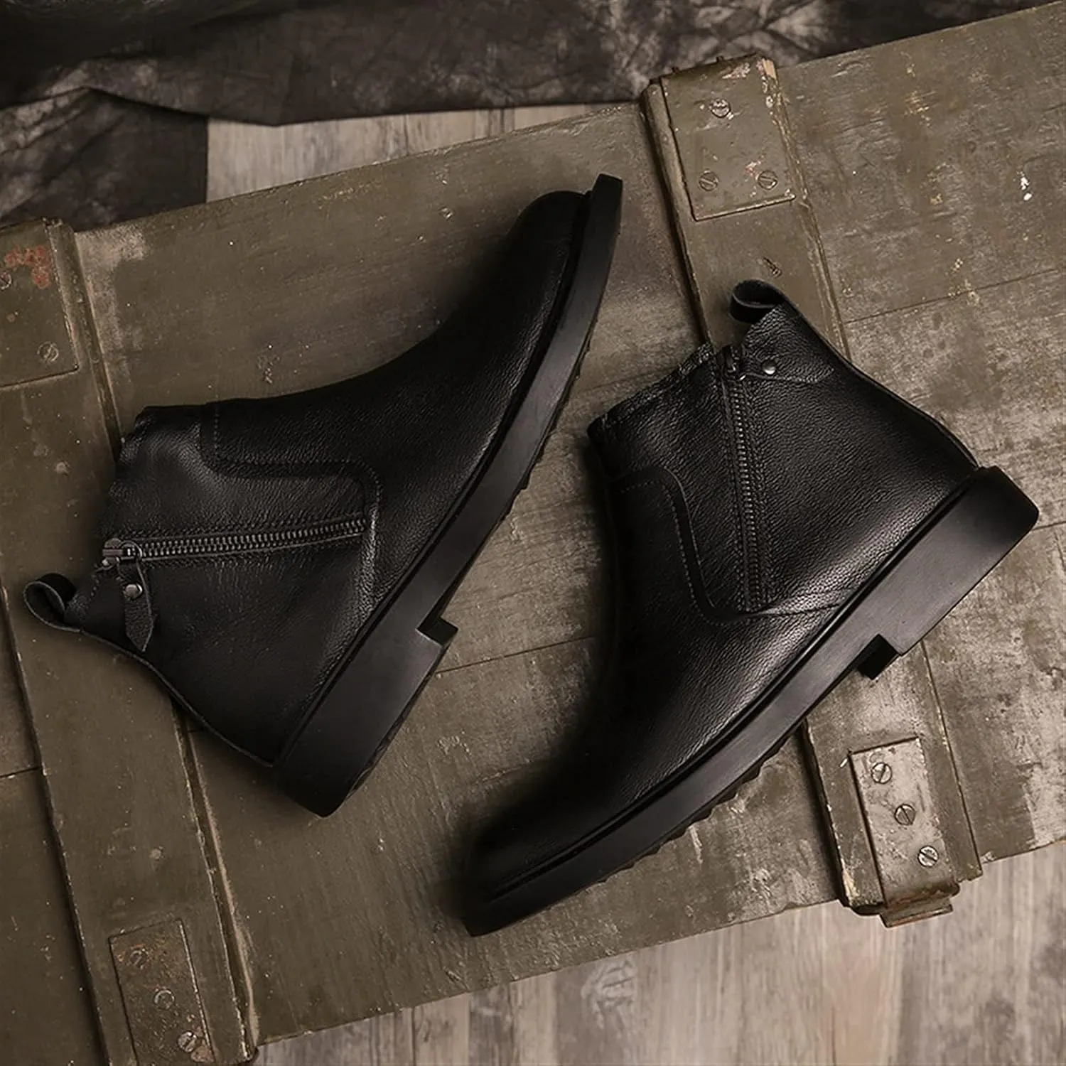 HOOENG Ankle Boots for Men Double Side Zip Vegan Leather Non Slip Wearable Slip on Anti-Slip Dress