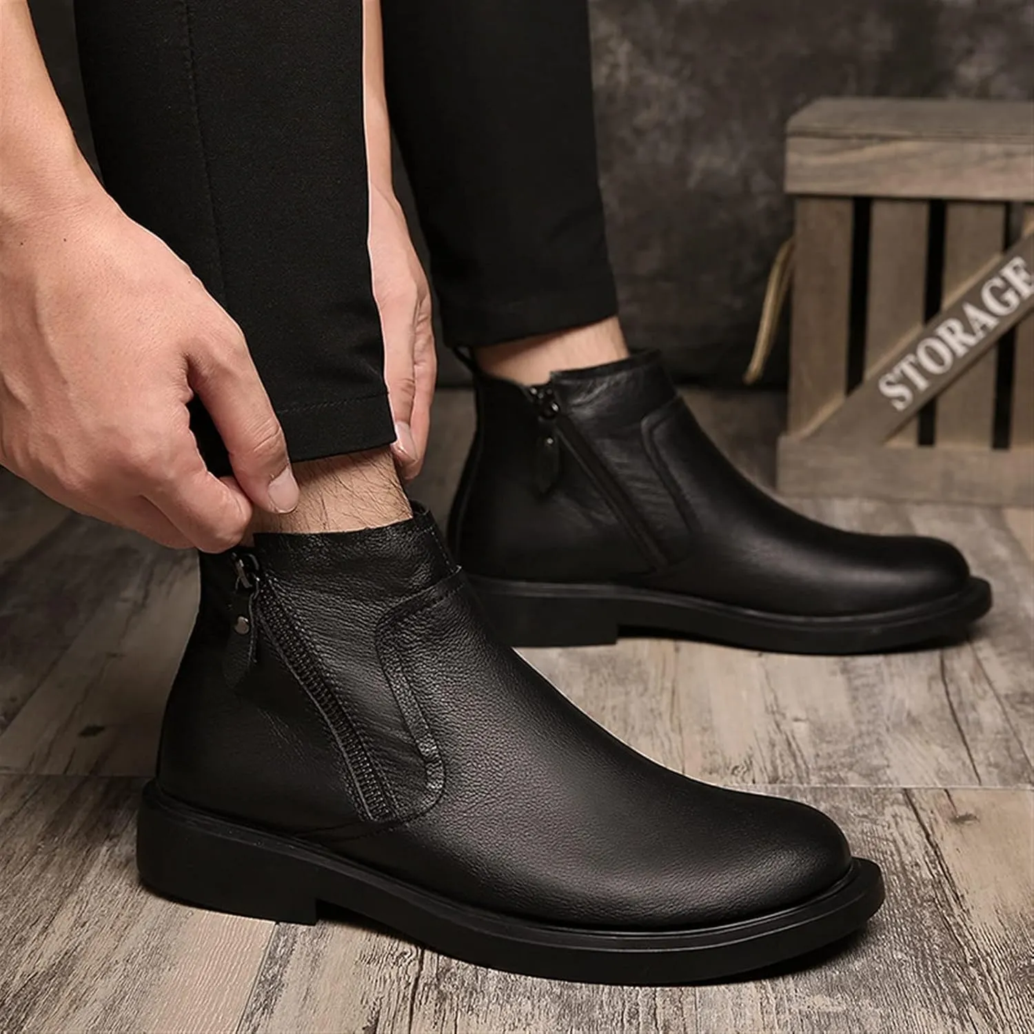 HOOENG Ankle Boots for Men Double Side Zip Vegan Leather Non Slip Wearable Slip on Anti-Slip Dress