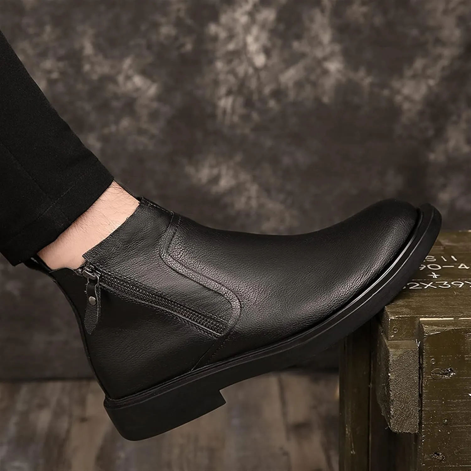 HOOENG Ankle Boots for Men Double Side Zip Vegan Leather Non Slip Wearable Slip on Anti-Slip Dress