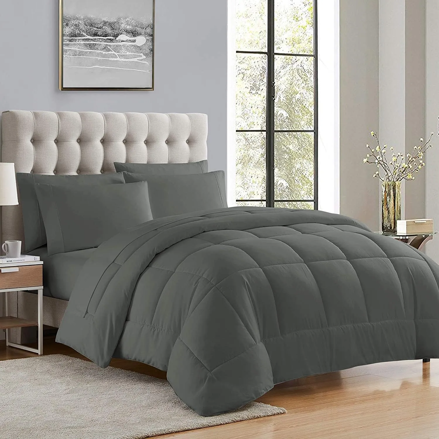 Hotel Quality1000 Thread Count 100% Egyptian Cotton Oversized King, Grey, 8 Piece Bed in Bag 4pc Sheet Set   3pc Comforter Set 1pc Bed Skirt Upto 30" Deep Pocket