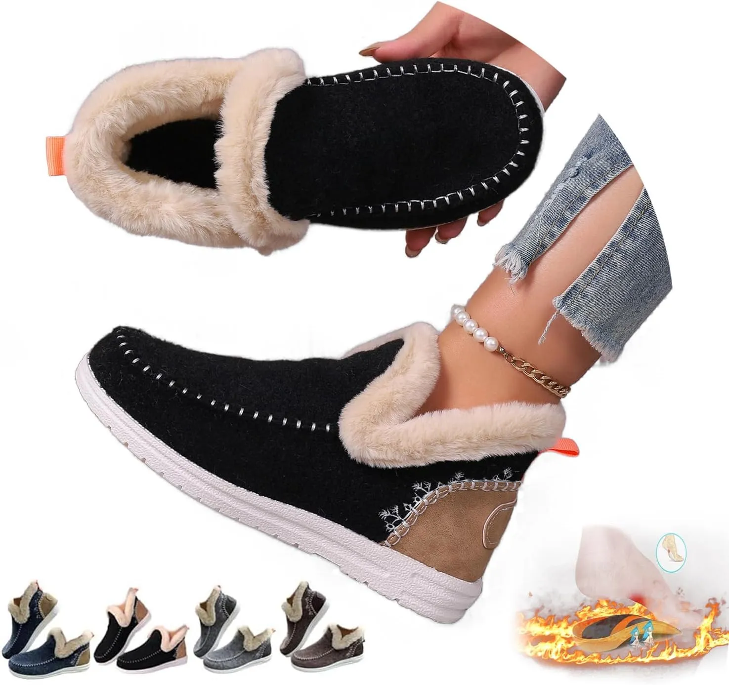 HUIQINGLI Women's Winter Plush Lined Flat Shoes, Comfy Orthopedic Arch Support Shoes, Embroidered Patchwork Slip-On Warm Snow Booties