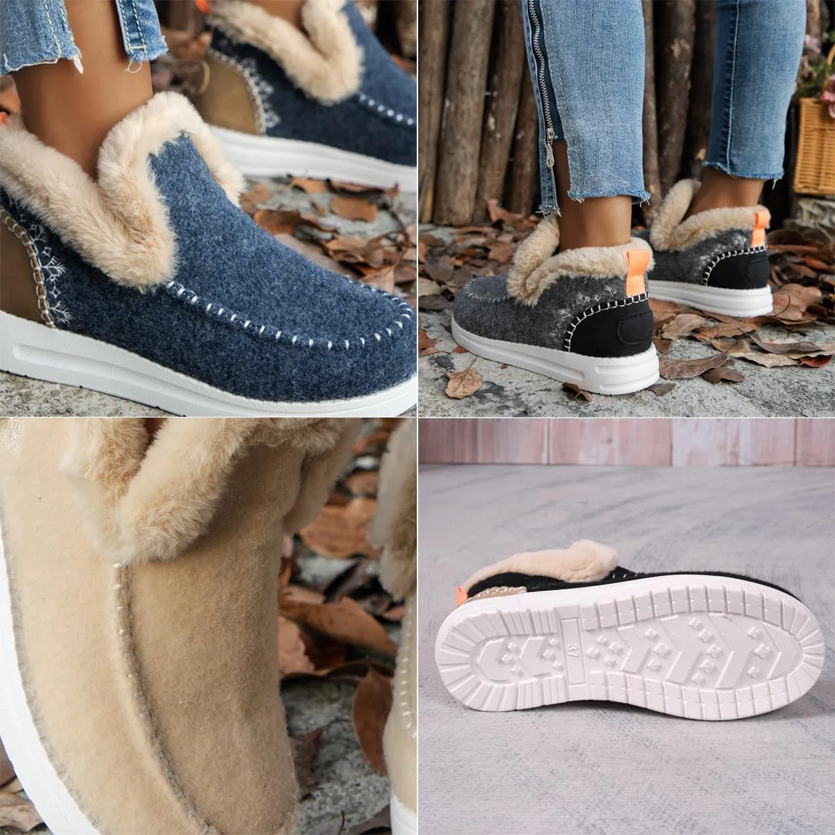 HUIQINGLI Women's Winter Plush Lined Flat Shoes, Comfy Orthopedic Arch Support Shoes, Embroidered Patchwork Slip-On Warm Snow Booties