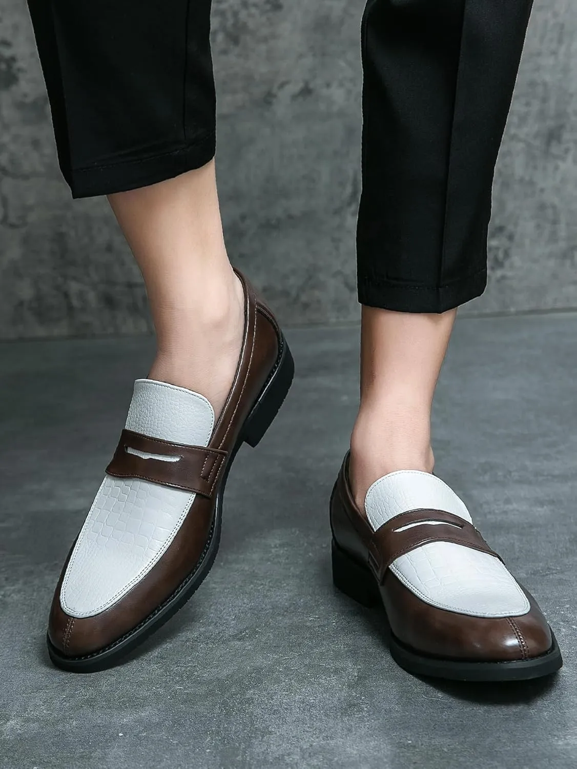 HuitJours Men Two Tone Colors Penny Loafer Slip On Pull on Dress Shoes Casual Boat Shoes Moccasins