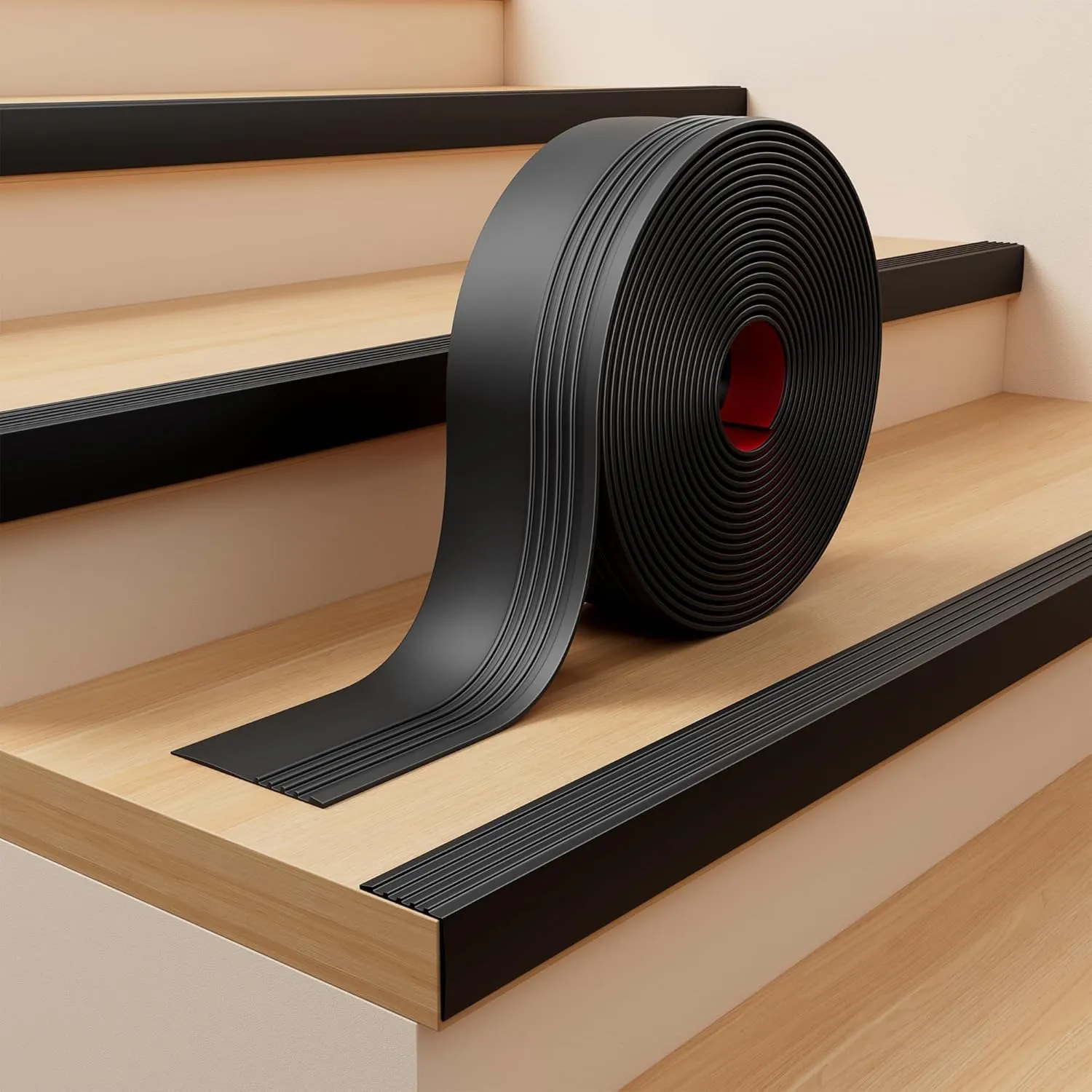 INMOZATA Stair Edge Trim, 10FT Vinyl Anti-Slip Stair Nosing, Waterproof & Self-Adhesive Stair Edge Protector for Indoor & Outdoor Safety (Black)