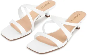 ISNOM Nude Strappy Heels for Women Nude Kitten Heeled Sandals Slip On Square Toe Open Toe Heels