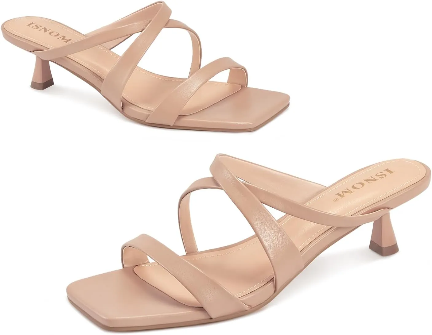 ISNOM Nude Strappy Heels for Women Nude Kitten Heeled Sandals Slip On Square Toe Open Toe Heels