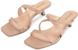 ISNOM Nude Strappy Heels for Women Nude Kitten Heeled Sandals Slip On Square Toe Open Toe Heels