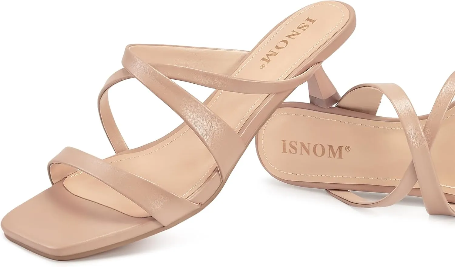 ISNOM Nude Strappy Heels for Women Nude Kitten Heeled Sandals Slip On Square Toe Open Toe Heels