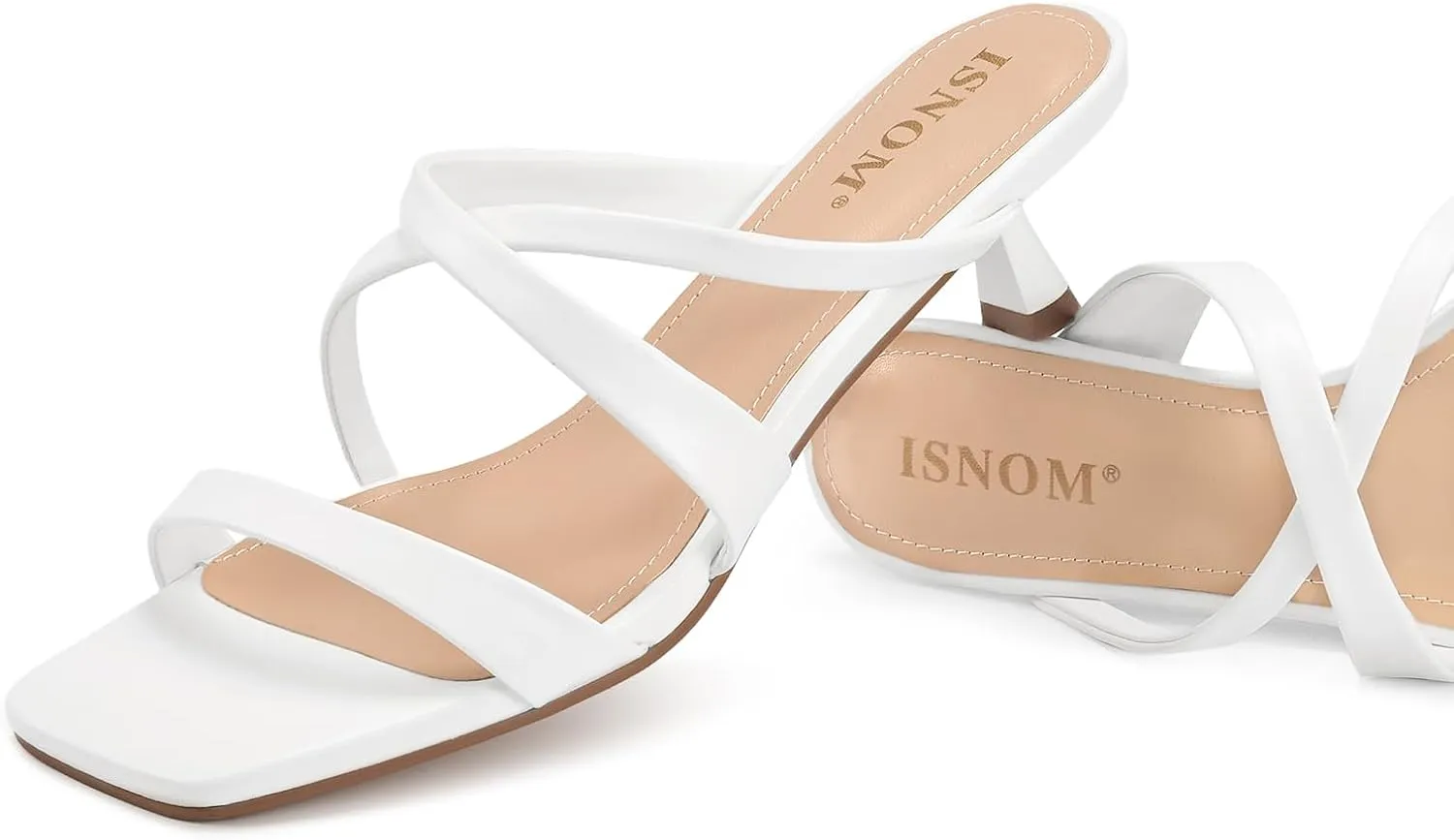 ISNOM Nude Strappy Heels for Women Nude Kitten Heeled Sandals Slip On Square Toe Open Toe Heels