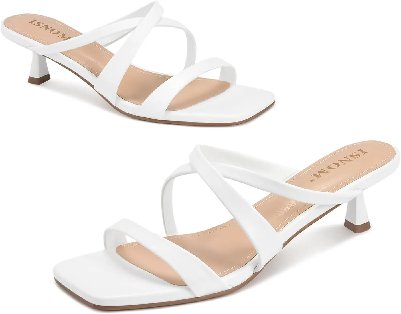 ISNOM Nude Strappy Heels for Women Nude Kitten Heeled Sandals Slip On Square Toe Open Toe Heels