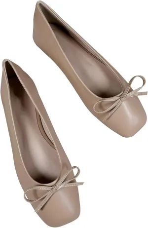 JiangWei Shu Women's Bow Knot Square Toe Ballet Flats Slip On Walking Wedding Soft Shoes