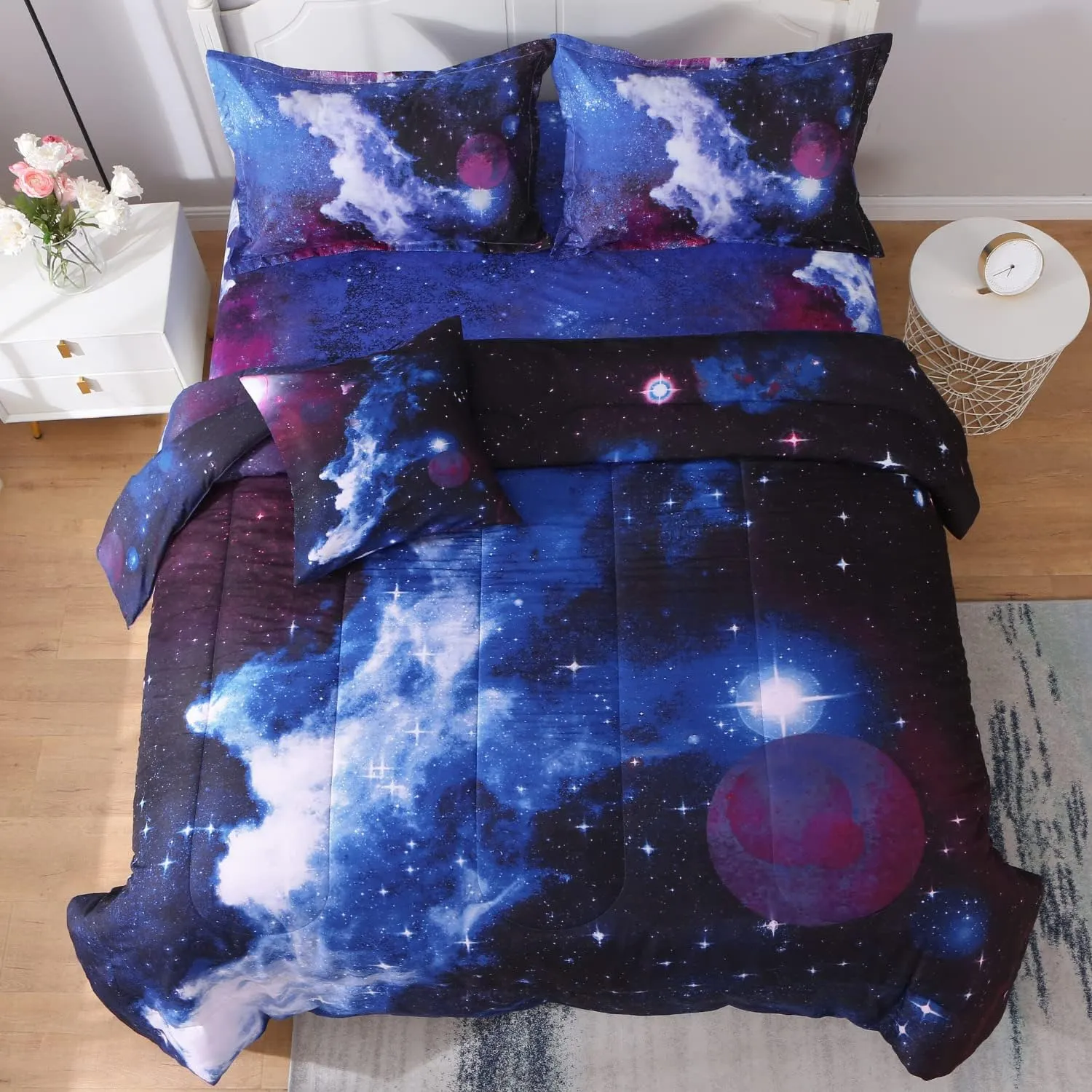 JQinHome Full Galaxy Comforter Sets 6 Piece Bed in A Bag, Outer Space Themed Bedding for Children Boy Girl Teen Kids - (1 Comforter, 1 Flat Sheet, 1 Fitted Sheet, 2 Pillowshams, 1 Cushion Cover)