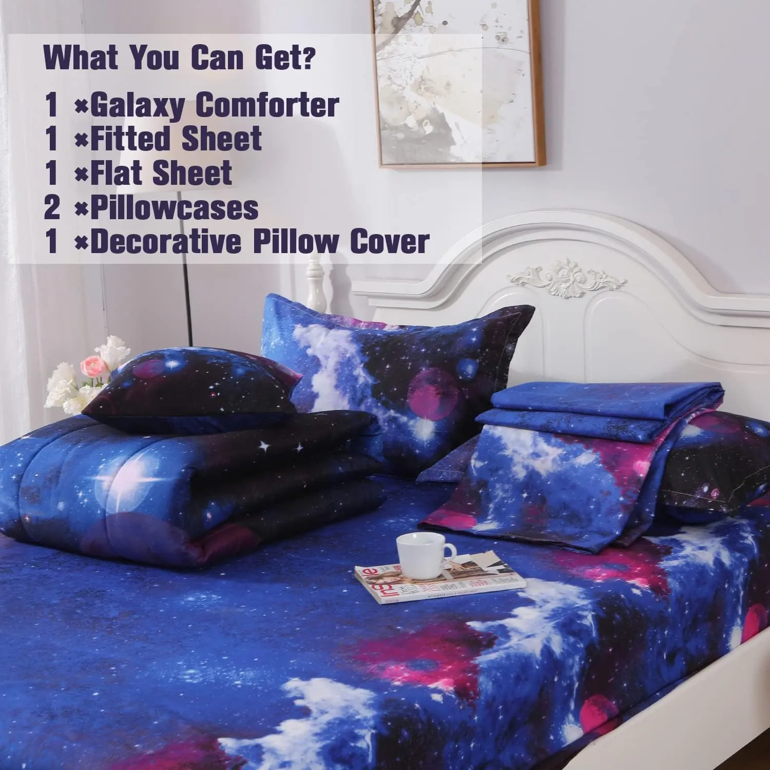 JQinHome Full Galaxy Comforter Sets 6 Piece Bed in A Bag, Outer Space Themed Bedding for Children Boy Girl Teen Kids - (1 Comforter, 1 Flat Sheet, 1 Fitted Sheet, 2 Pillowshams, 1 Cushion Cover)