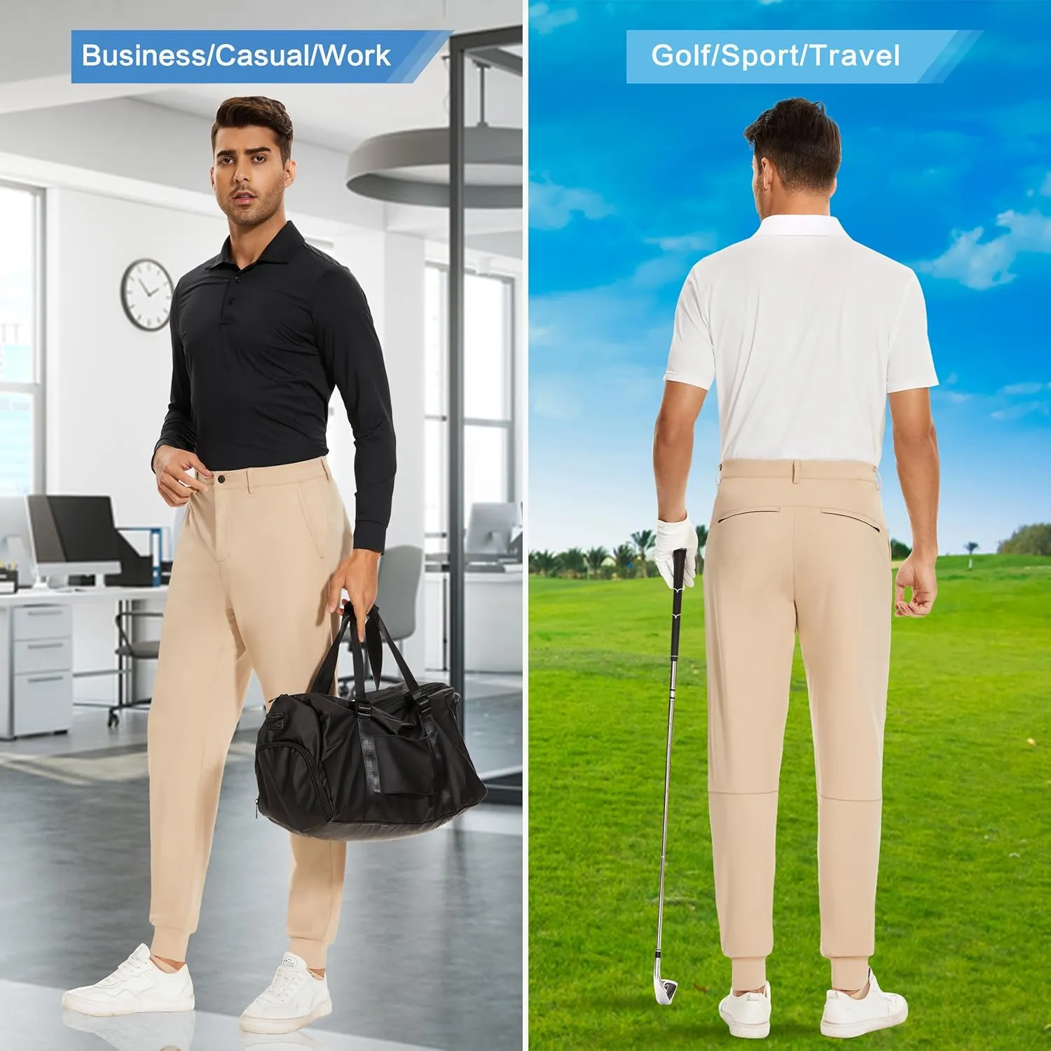 JWM Men's Stretch Golf Joggers Pants with Belt Loops - 29" 34" Slim Fit Tapered Casual Business Travel Dress Work Sweatpants