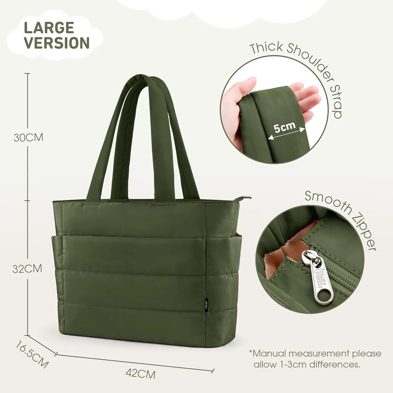 KALIDI Quilted Tote Bag, Carryall Puffer Messenger Laptop Bag Padded Shoulder Large Anti Splash Zipper Casual Work Gym Wome
