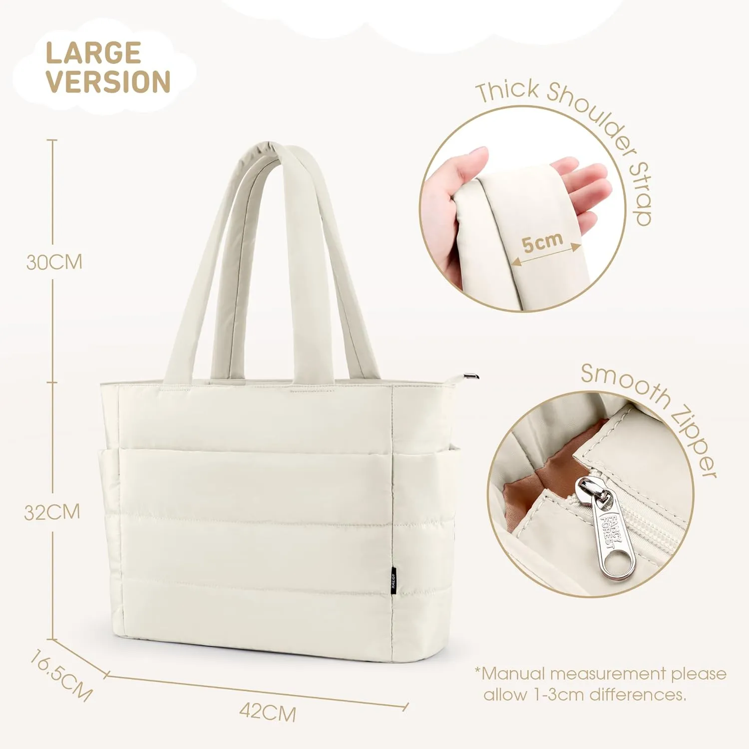 KALIDI Quilted Tote Bag, Carryall Puffer Messenger Laptop Bag Padded Shoulder Large Anti Splash Zipper Casual Work Gym Wome