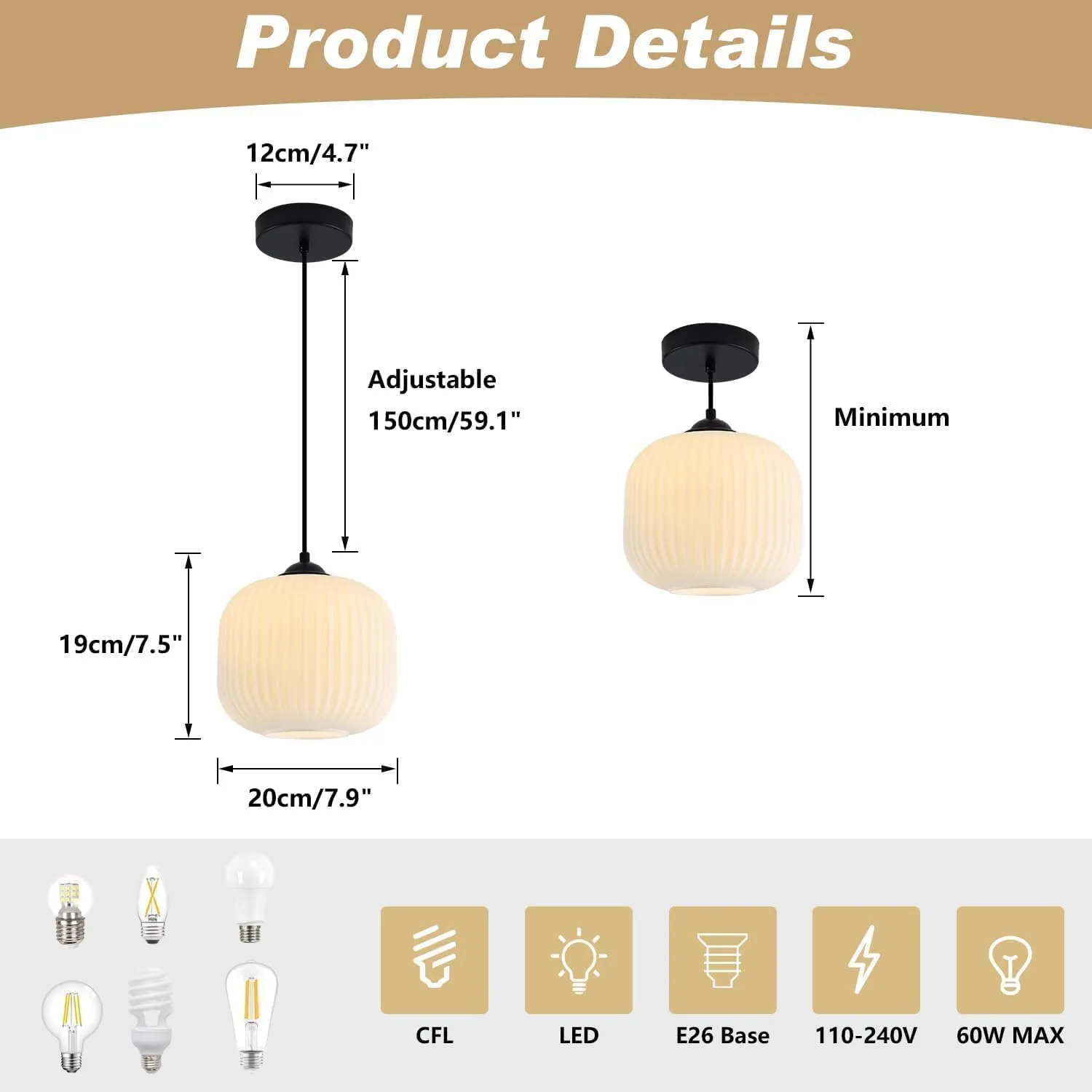 KCO Lighting Frosted White Glass Pendant Light Black Farmhouse Kitchen Light Fixtures Ceiling Hanging Over Table Mid Century Modern Globe Pendant Light Single Hanging Light Fixture
