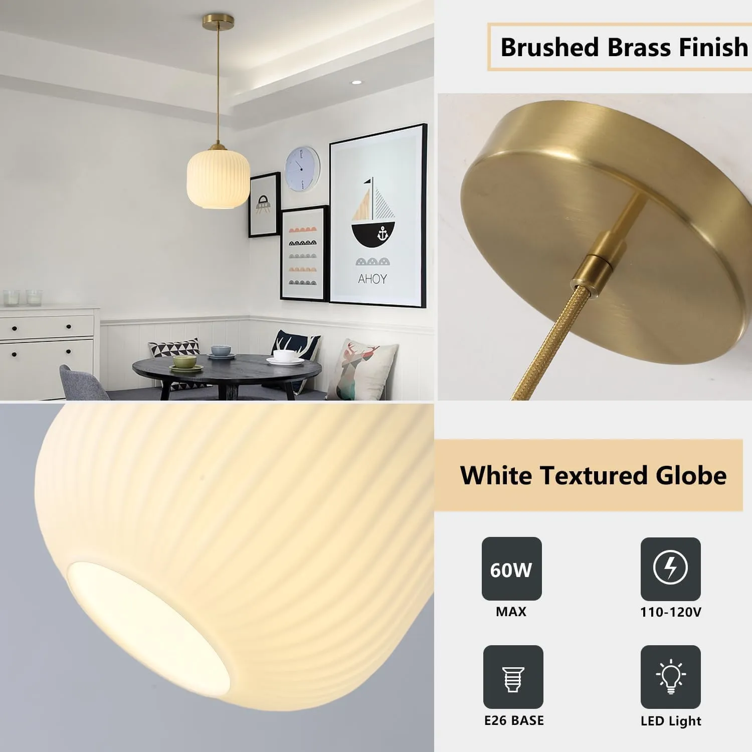KCO Lighting Modern Gold White Glass Pendant Light Contemporary Brass Metal Kitchen Island Dining Pendant Light Industrial Large Globe Pendant Lamp 1-Light Round Ball Hanging Lighting Fixture