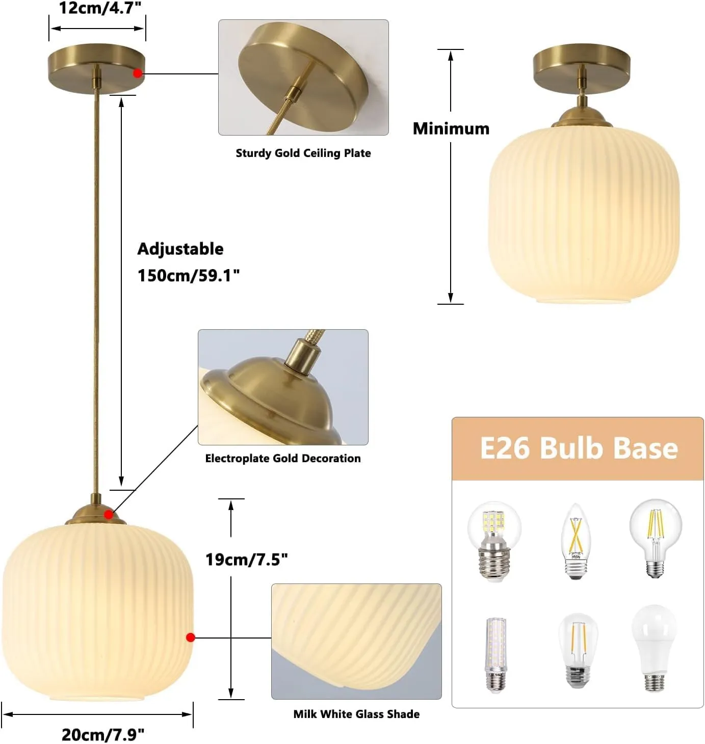 KCO Lighting Modern Gold White Glass Pendant Light Contemporary Brass Metal Kitchen Island Dining Pendant Light Industrial Large Globe Pendant Lamp 1-Light Round Ball Hanging Lighting Fixture