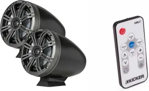 Kicker KMFC65 6.5" Flat Mount Loaded Marine Wake Towers with 46KM654L Speakers - Charcoal Grills with Black Enclosures (Includes LED Remote)
