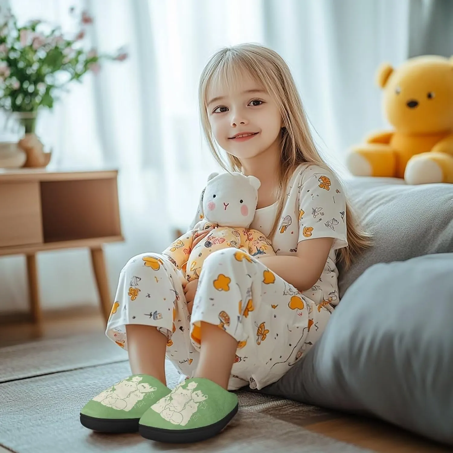 Kids Fuzzy Warm House Slippers for Girls Non Slip Rubber Sole Home Slippers for Toddlers Size 9-15