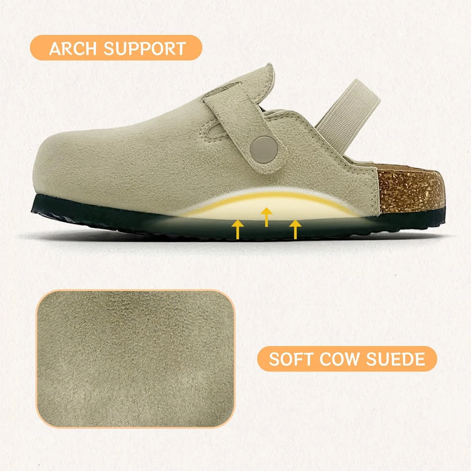 Kids Suede Clogs Toddler Clogs Boys Girls Sandals Cork Footbed Toddler Slip on Mules Indoor Outdoor Cute Sandals Classic Adjustable Buckle