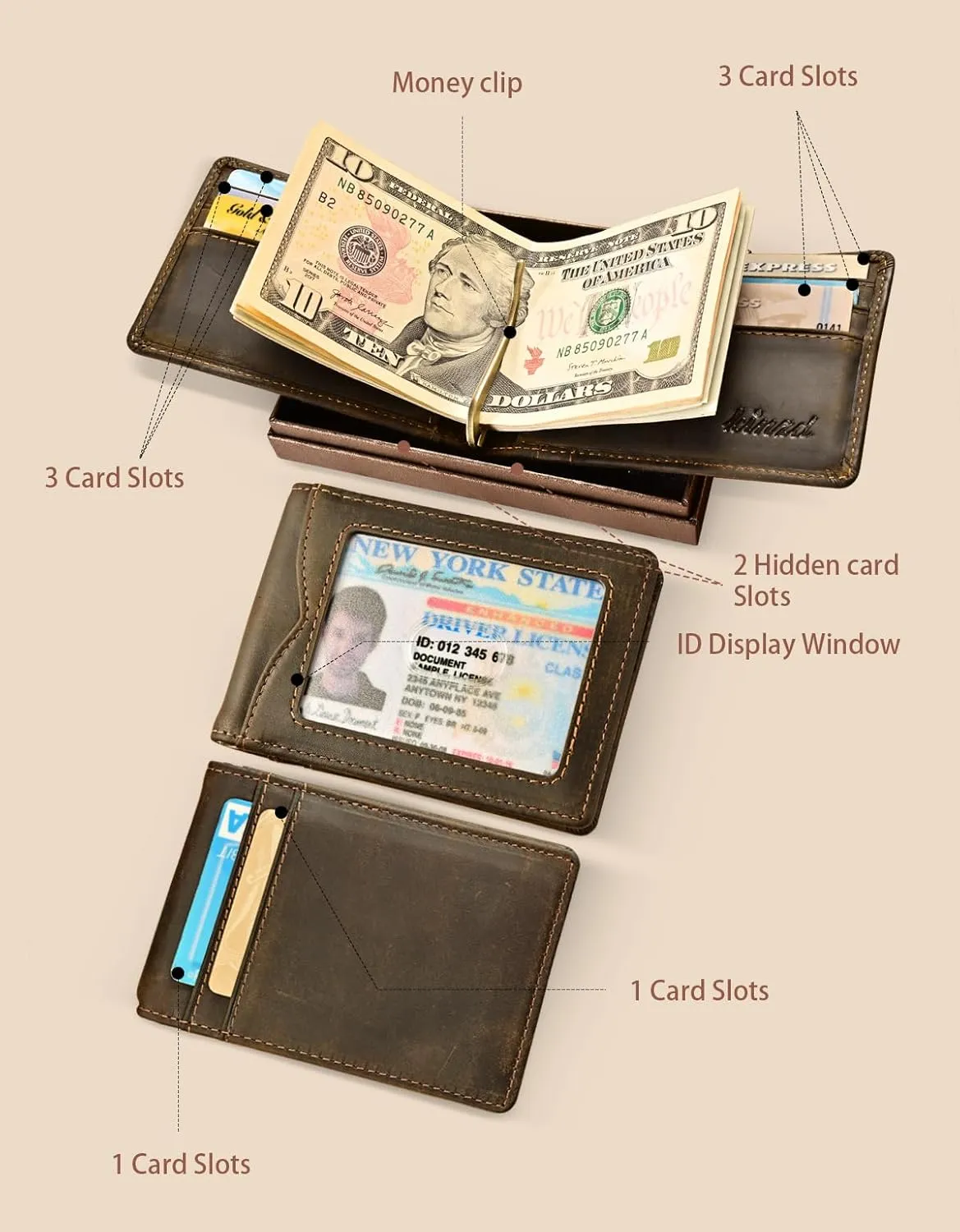kinzd Slim Wallet with Money Clip RFID Blocking Minimalist Bifold Wallet for Men Genuine Leather Front Pocket Card Holder