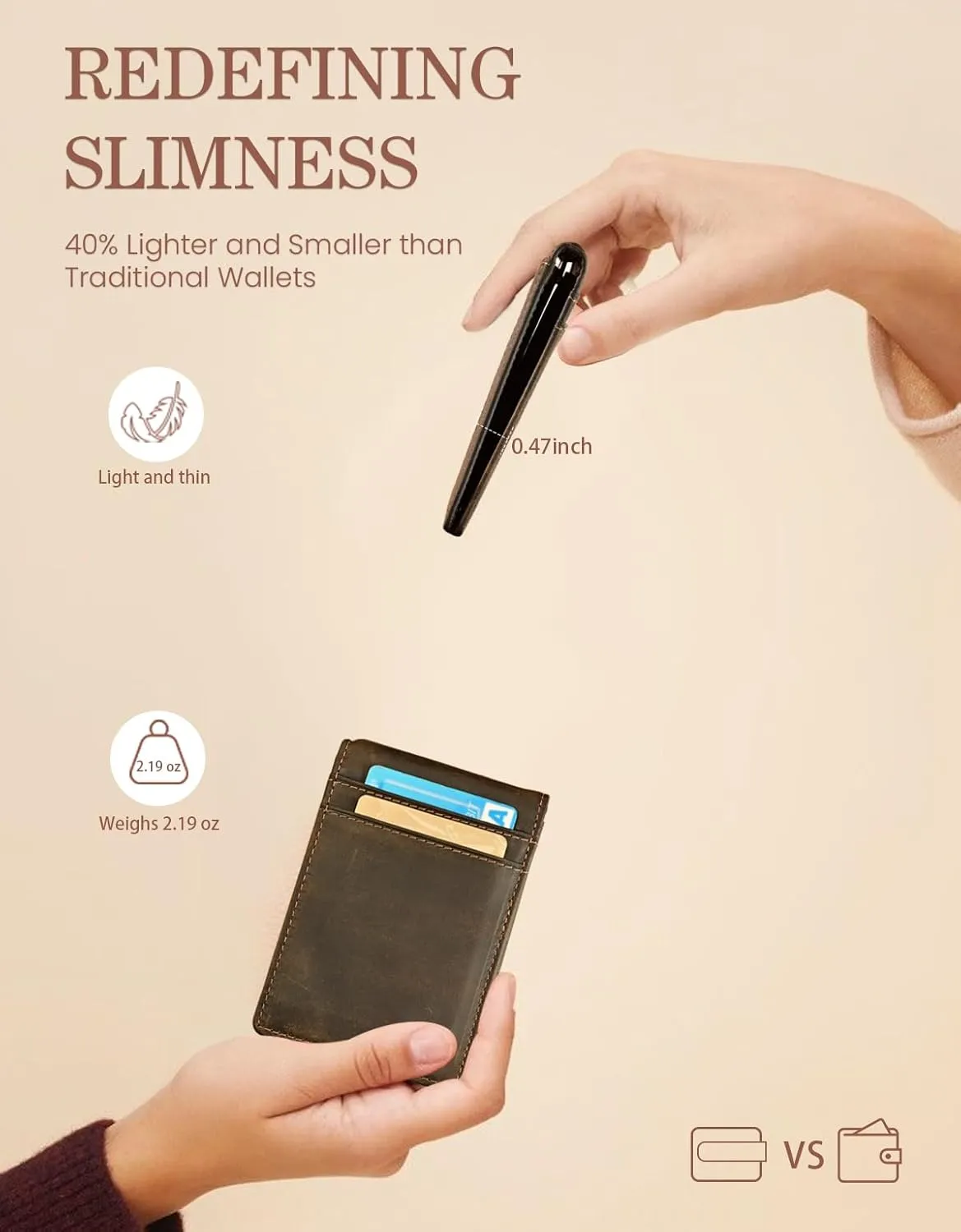kinzd Slim Wallet with Money Clip RFID Blocking Minimalist Bifold Wallet for Men Genuine Leather Front Pocket Card Holder