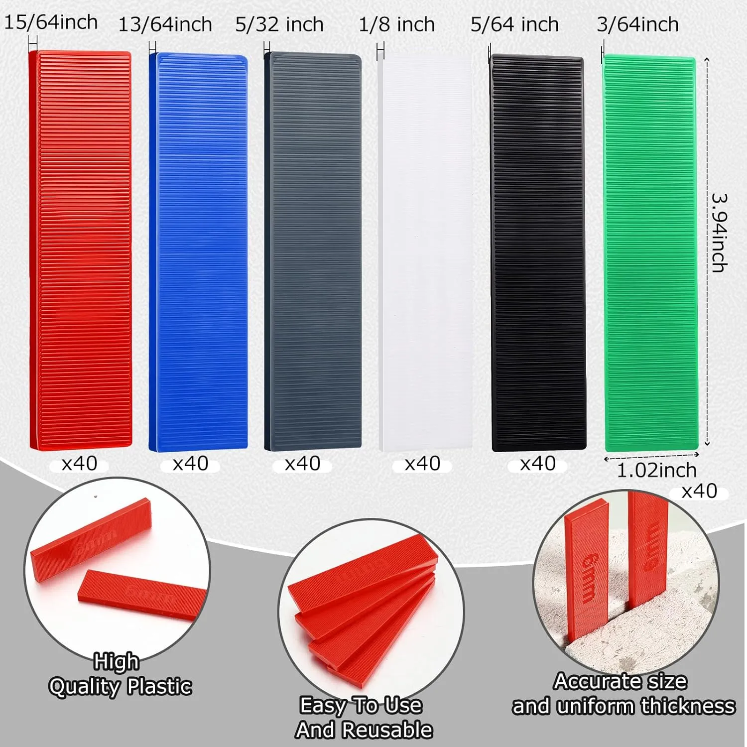 Konohan 240 Pcs Plastic Flat Shims Structural Tile Plastic Shims for Leveling, 3/64, 5/64, 1/8, 5/32, 13/64, 15/64, Green, Black, White, Grey, Blue, Red