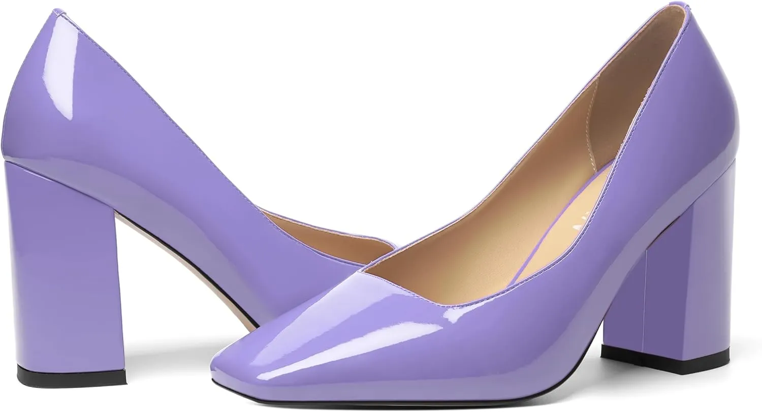 KUOARN Womens Office Slip On Square Toe Patent Slim Solid Dress Block High Heel Pumps Shoes 3.3 Inch