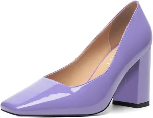 KUOARN Womens Office Slip On Square Toe Patent Slim Solid Dress Block High Heel Pumps Shoes 3.3 Inch