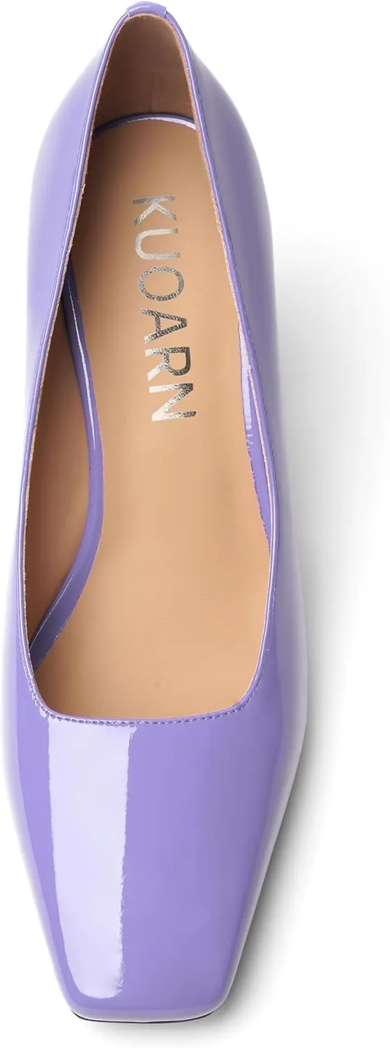 KUOARN Womens Office Slip On Square Toe Patent Slim Solid Dress Block High Heel Pumps Shoes 3.3 Inch