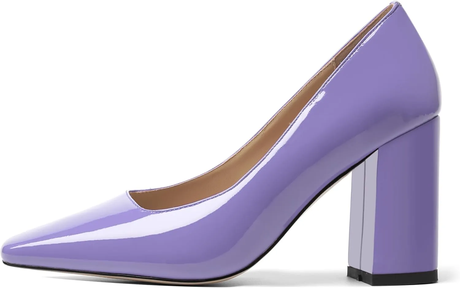 KUOARN Womens Office Slip On Square Toe Patent Slim Solid Dress Block High Heel Pumps Shoes 3.3 Inch