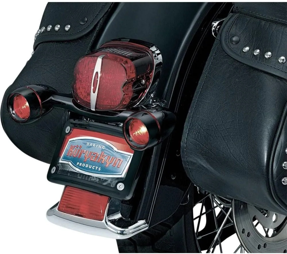 Kuryakyn 5405 Motorcycle Lighting: Rear Position Bullet Style Turn Signal/Blinker Light Bar with Red Lenses and Flat License Plate Support for 1986-2019 Harley-Davidson Motorcycles, Gloss Black