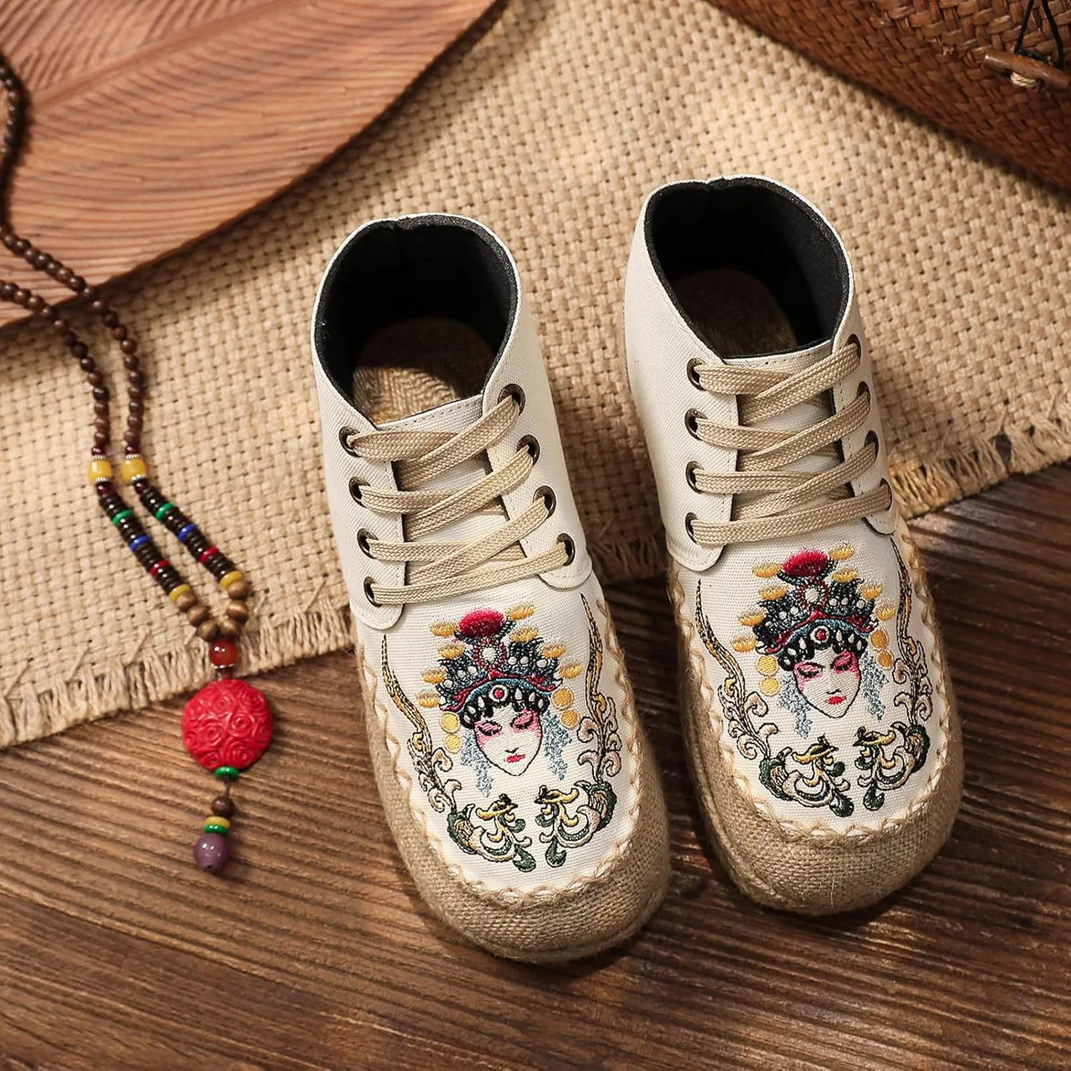 Lace Up Women's Retro Handmade Linen Shoes, Traditional Soft Flat Heel Casual Footwear, Fashion Breathable Flat Shoes,6,Beige