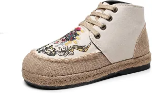 Lace Up Women's Retro Handmade Linen Shoes, Traditional Soft Flat Heel Casual Footwear, Fashion Breathable Flat Shoes,6,Beige