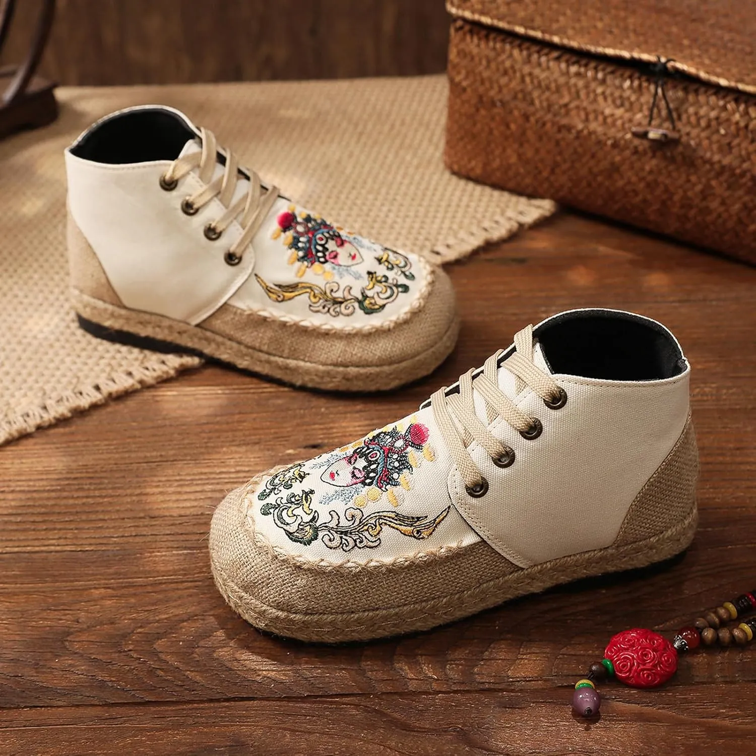 Lace Up Women's Retro Handmade Linen Shoes, Traditional Soft Flat Heel Casual Footwear, Fashion Breathable Flat Shoes,6,Beige