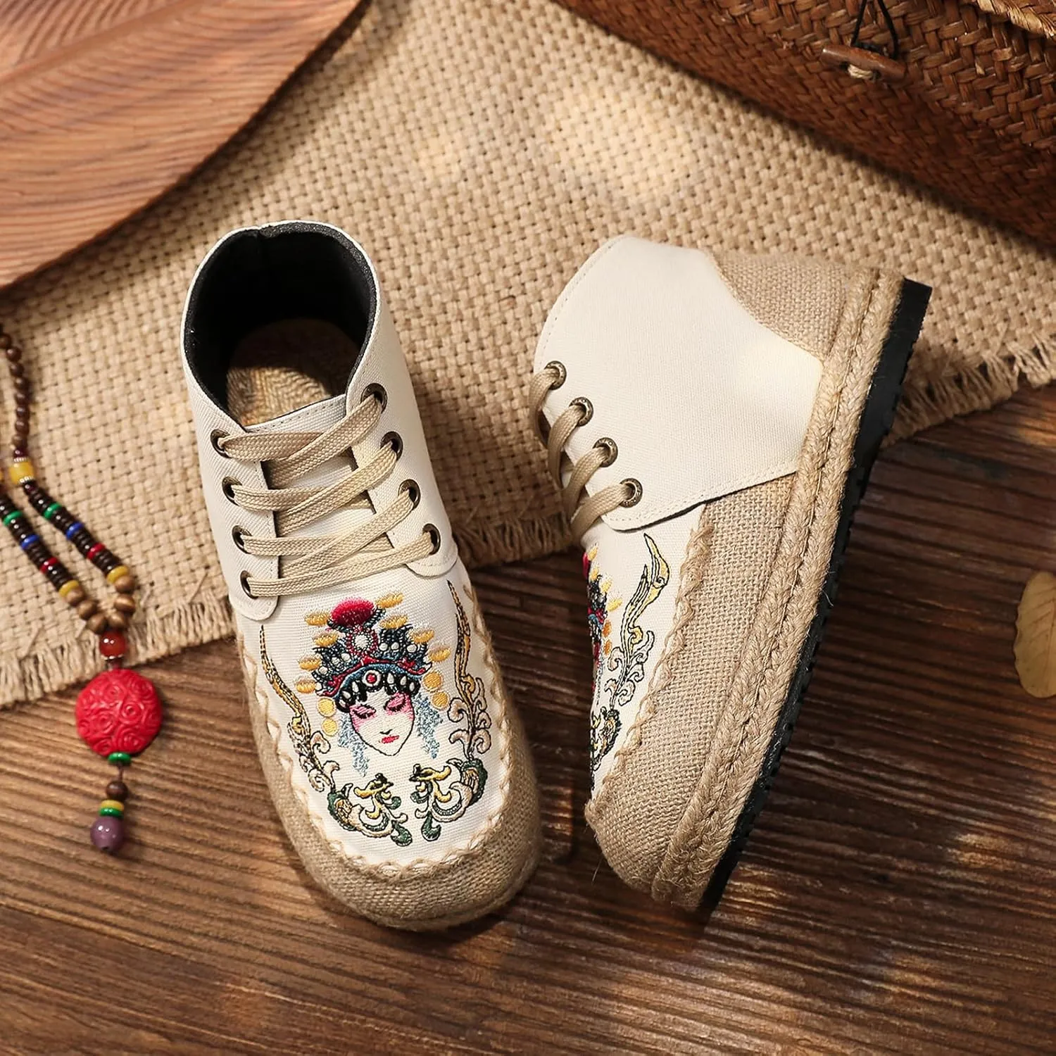 Lace Up Women's Retro Handmade Linen Shoes, Traditional Soft Flat Heel Casual Footwear, Fashion Breathable Flat Shoes,6,Beige