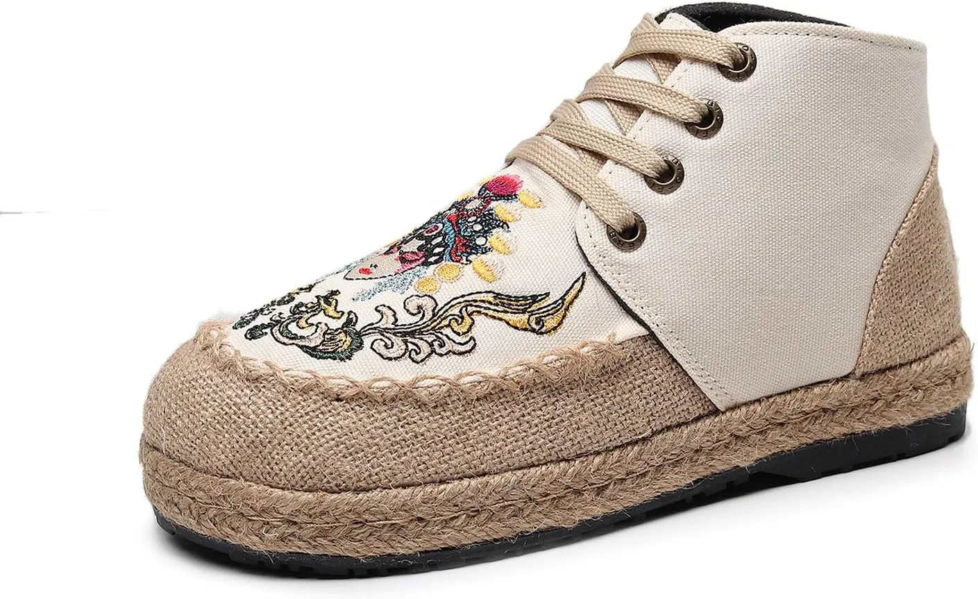 Lace Up Women's Retro Handmade Linen Shoes, Traditional Soft Flat Heel Casual Footwear, Fashion Breathable Flat Shoes,6,Beige