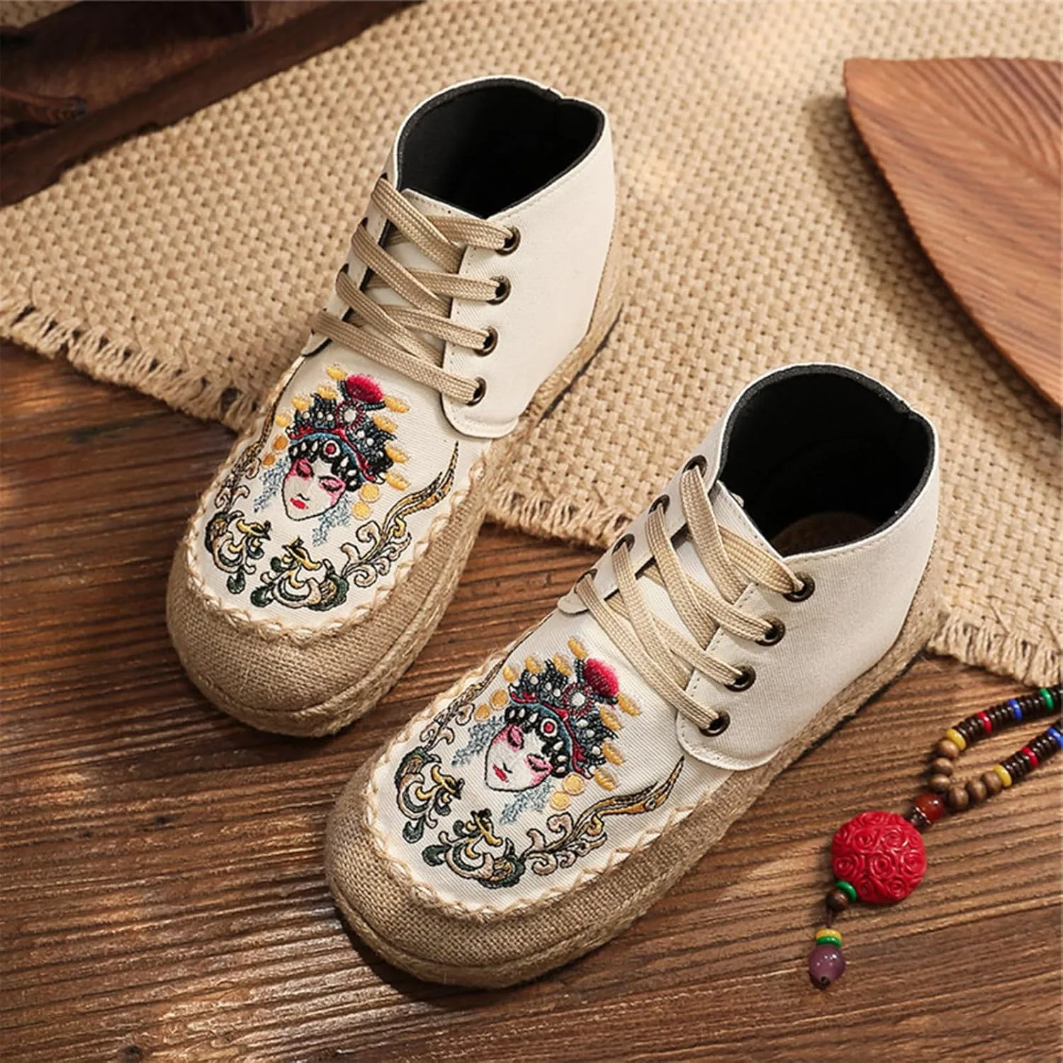 Lace Up Women's Retro Handmade Linen Shoes, Traditional Soft Flat Heel Casual Footwear, Fashion Breathable Flat Shoes,6,Beige